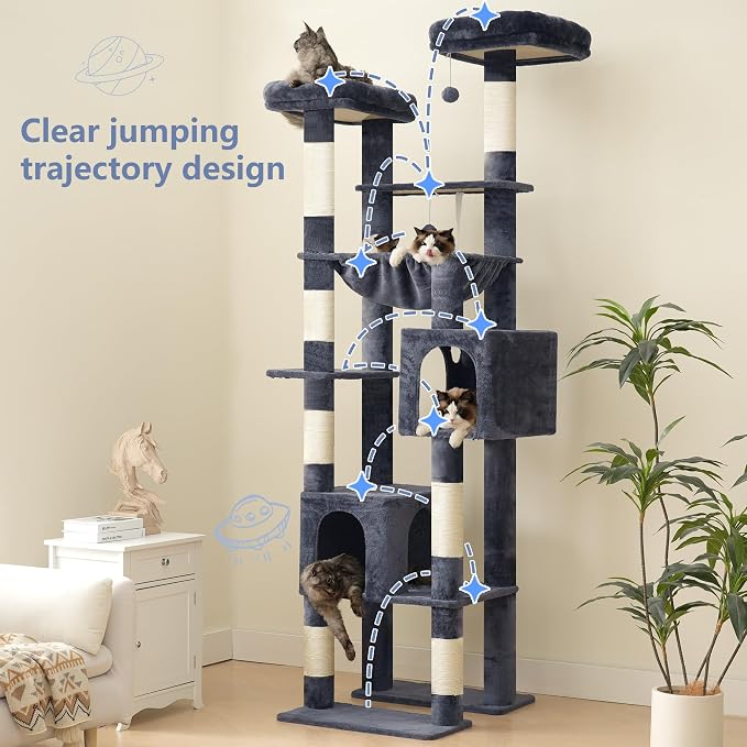Hey-brother Cat Tree Tower with Multi-Level Duty Scratching Posts, 0MPJ039G | 80.7 Inches XL Cat Furniture with Large Platforms, Cozy Condos, Big Hammock, Toy Balls for Indoor Adult Cats, Smoky Gray