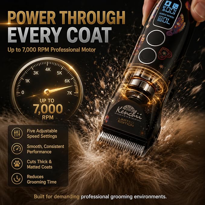 Kenchii Flash 5 Professional Dog Grooming Clippers, Cordless 5-Speed Pet Hair Trimmer for Thick Coats & Matted Fur, Quiet Heavy Duty Clipper, 5-in-1 Adjustable Blade, LCD Display, USB-C (Wolf Edition)