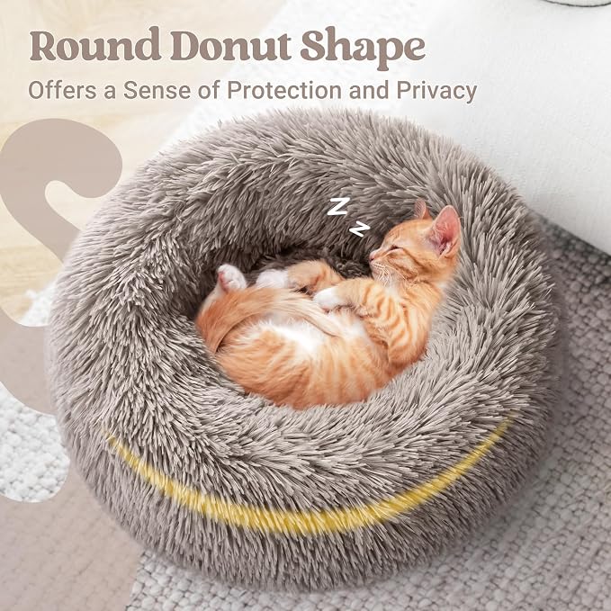 rabbitgoo Calming Cat Beds for Indoor Cats, 20 inches, Khaki | Soft Warm Donut, Fluffy Faux Fur, Supportive Raised Rim, Anti-slip, Machine Washable, Up to 15lbs Kittens & Small Cats