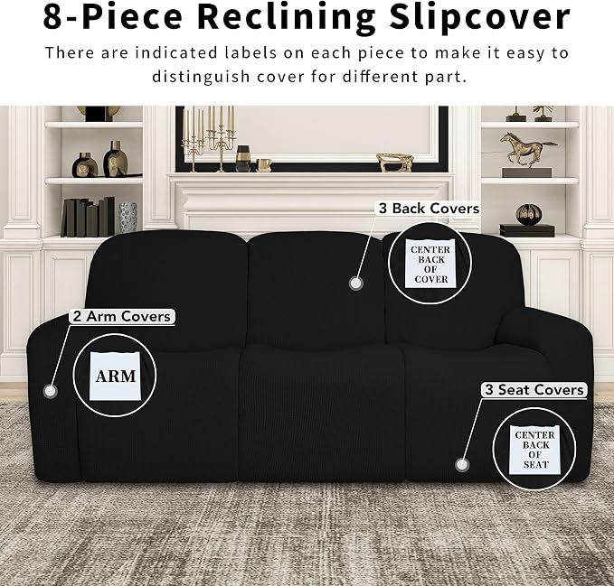 Easy-Going 100% Dual Waterproof Recliner Sofa Cover, 8-Pieces Stretch Relining Couch Cover with Pocket, Jacquard 3 Seat Sofa Slipcover Leakproof Washable (Sofa, Black)