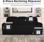 Easy-Going 100% Dual Waterproof Recliner Sofa Cover, 8-Pieces Stretch Relining Couch Cover with Pocket, Jacquard 3 Seat Sofa Slipcover Leakproof Washable (Sofa, Black)