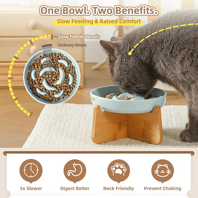 Elevated Ceramic Slow Feeder Cat Bowl, 6.3'' Wide Whisker Friendly | Slow Eating 5x, Anti Vomit Shallow Slow Eating Cat Dish, 3.7" H Raised Cat Puzzle Feeder for Dry and Wet Food, 6.3" X 1.2"