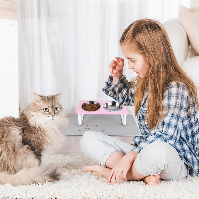 Summark Upgraded Elevated Cat Bowls with Food Mat,15°Tilted Stand Anti Vomiting Raised Cat Dishes for Food and Water,2 Stainless Steel Bowls for Cats and Puppy（Pink）