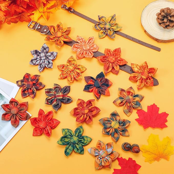 60 Pcs Fall Plaid Dog Collar Flowers Bulk Thanksgiving Pet Flower Collar Bow Ties Holiday Accessories Charms Slide Attachment for Small Medium Large Dog Cat Puppy Bow Grooming Supplies