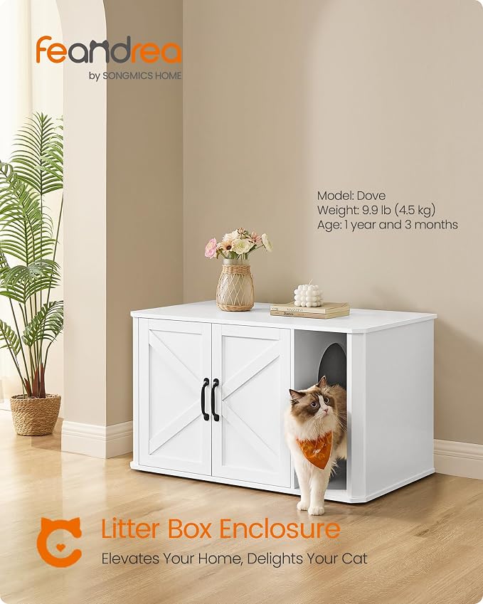 Feandrea Litter Box Enclosure, Modern Cat Litter Box Furniture Hidden, Front Entry, Double Doors, Handles, Cat House, Side End Table, 33.5 x 19 x 19.5 Inches, Cloud White UPCL012W01