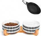 Petygooing Ceramic Dog Cat Bowl Set with Stand,Pet Food and Water Bowl,Small Dog Bowls Anti -Slip Set of 2 Cat Dishes Food Bowls Dish Small Size Pet (13.5OZ/5.1 in) Black Rhombus