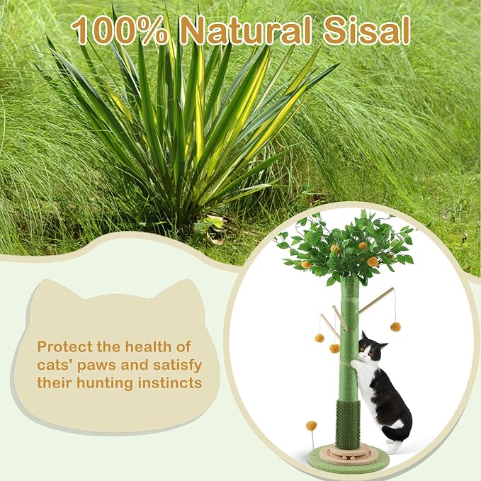 46" Tall Cat Scratching Post, Natural Sisal Cat Tree for Indoor Adult Cats | Vertical Cat Scratch Post for Body Stretching, Self-groomer Brush, Stable 3-layer Solid Wood Base, Interactive Ball Track Toy