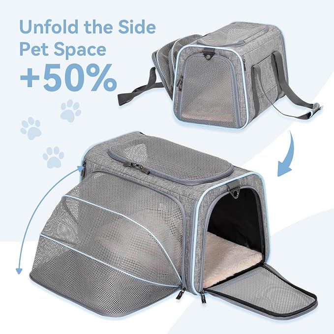 Petsfit Small Expandable Cat Carrier for Air Travel, Up to 9 lb | 16 x 10 x 9 in; sized for Alaska Airlines, with locking zippers, an interior safety tether and multi-side ventilation.