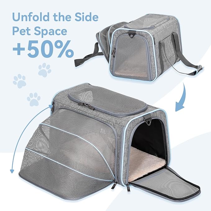Petsfit Medium Expandable Cat Carrier for Air Travel, Up to 13 lb | 17 x 11 x 11 in; sized for Delta Air Lines, with locking zippers, a handy D-ring, large pocket and multi-side ventilation.