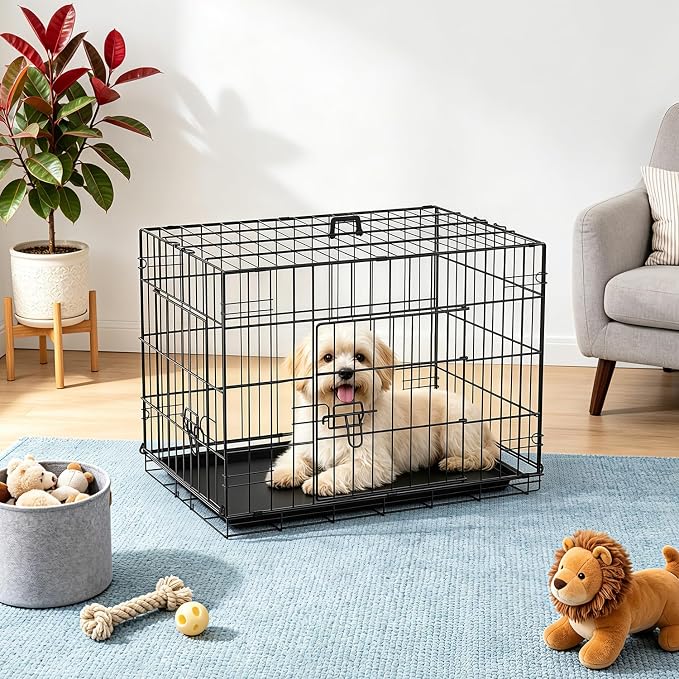 FDW 24-Inch Dog Crate for Small Dogs, Double Door Folding Metal Wire Pet Kennel with Divider Panel & Leak-Proof Plastic Tray, Black