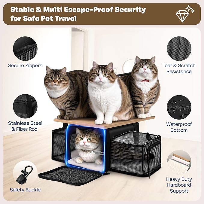 Top and 2 Sides Expandable Pet Carrier 17x11x9.5, TSA Airline Approved Small Dog Carriers for Small Dogs, Soft-Sided Cat Carrier with Self-Locking Zippers for Kitten,Rabbit, Puppy, Guinea Pig Black