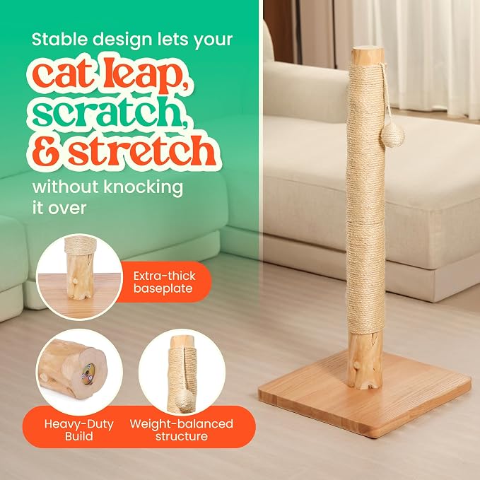 35" Solid Wood Cat Scratching Post, Stop Replacing Cheap Post | 18 lb Heavy Build, Natural Pear Tree Trunk, Beautiful Raw Look, RubberWood Base with Oak Veneer, 1-Year Free Rope Replacement
