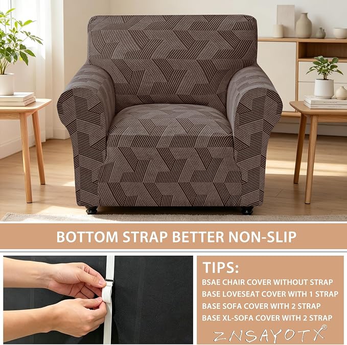 ZNSAYOTX Stretch Armchair Covers for, 1-Piece Chair Slipcovers for Living Room, Furniture Protector with Elastic Bottom for Dogs Cats Kids Geometrical Jacquard Fabric (Small, Brown)