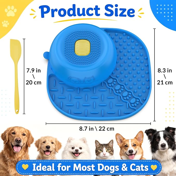 Slow Feeder Dog Bowl with Rotating Lick Ball Blue | Dog lick Bowl for yogurt ,Bone Broth&Wet Food,Silicone Lick Mat with Sution Cup Base for Dogs &Cats