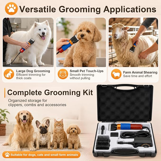 Dog Clippers for Grooming Thick Hair, 200W Pet Clipper Kit | Corded Dog Hair Trimmer with Spare Blade, 2000-6600 RPM, 10ft Cable, Low Noise, for Dogs Sheep Goats Alpacas