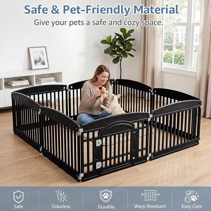 DUMOS Dog Playpen 8 Panels 24" Plastic Exercise Indoor Pen with Door Small Puppy, Medium Dogs Animal Pet Fence for Outdoor, Garden, Yard, RV Camping, Black