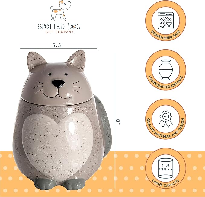 SPOTTED DOG GIFT COMPANY Ceramic Cookie Jar with Lid, Large Cat Treat Container for Cookies & Biscuits, Cute Novelty Kitchen Storage for Countertop, Gifts for Cat Lovers - 43oz Gray