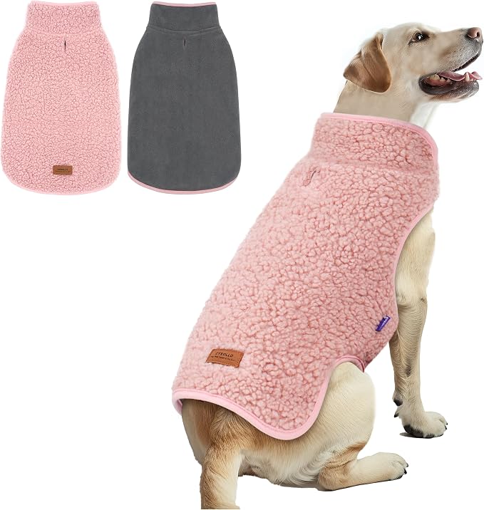 cyeollo Warm Dog Coat Fleece Winter Sweater Coats, Sherpa Reversible Dog Jacket Vest with Leash Hole for Large Dogs, Soft Pet Coats for Cold Weather, Pink, XXXL