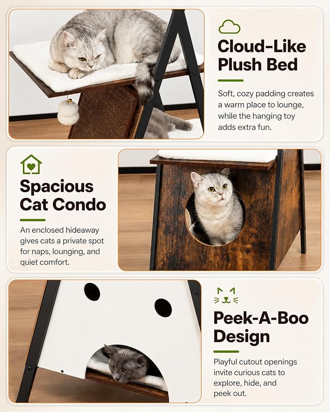 Modern Wood Cat Tree Tower for Indoor Cats Large Adult 67-in Tall | Heavy Duty XL Stable Wooden Cat Condo House Furniture with Multi-Level Spacious Perch Scratching Board Soft Washable Pads