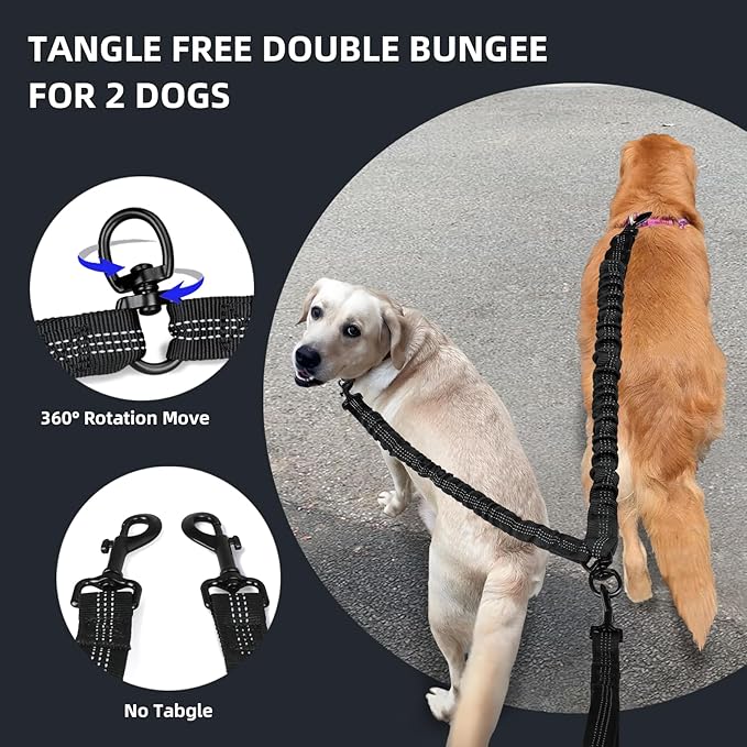 Uppetly Hands Free Double Dog Leash with Pouch, Dual Leash for 2 Dogs with Reflective Padded Handles, Durable Bungee and Lumbar Waist Belt for Walking, Jogging and Running (Medium/Large, 25-120 lbs)