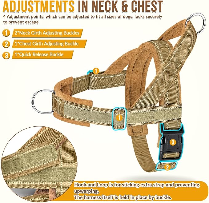 SlowTon No Pull Dog Harness - Heavy Duty Dog Harness and Leash Set for Medium Large Dogs, Reflective Tactical Harness with Soft Padded and Front Clip for Easy Walk and Training (Tan, L)