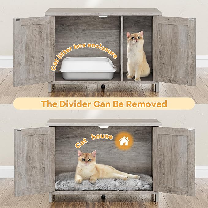 Shintenchi Cat Litter Box Enclosure, Litter Box Furniture Cabinet Hidden with Removable Divider, Wooden Cat House with End Table, Ash Oak Grey, 30.5 inch
