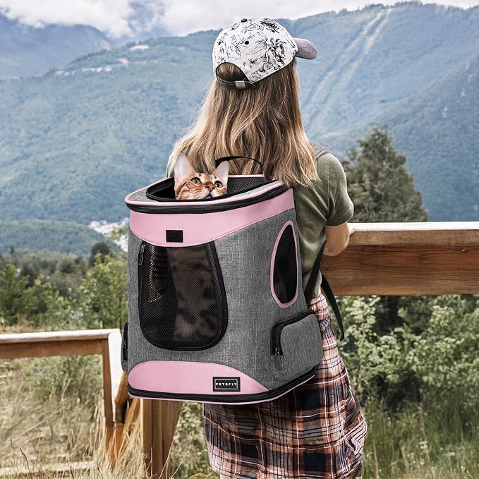 Petsfit Dog and Cat Backpack Carrier, Padded Waist Support, Up to 18 lb | 13.5 x 12.5 x 17.5 in; reinforced frame, 600D Oxford, 4 mesh panels, lockable zippers, safety tether and washable mat.