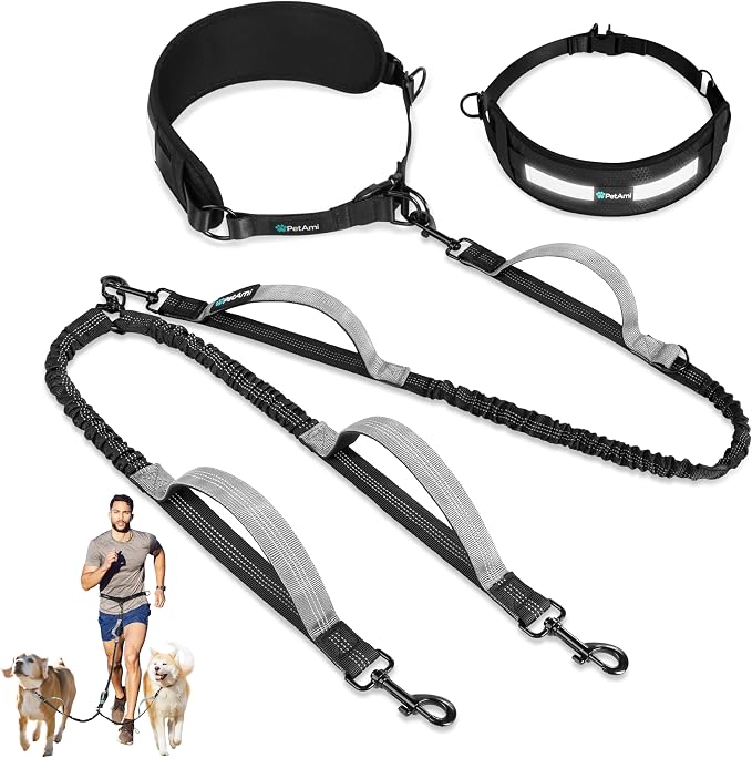 PetAmi Hands Free Double Dog Leash with Padded Lumbar Waist Belt, 360 No-Tangle Swivel Coupler, Bungee Shock Absorbing Dual Leash for Two Dogs Medium Large, Reflective, Black