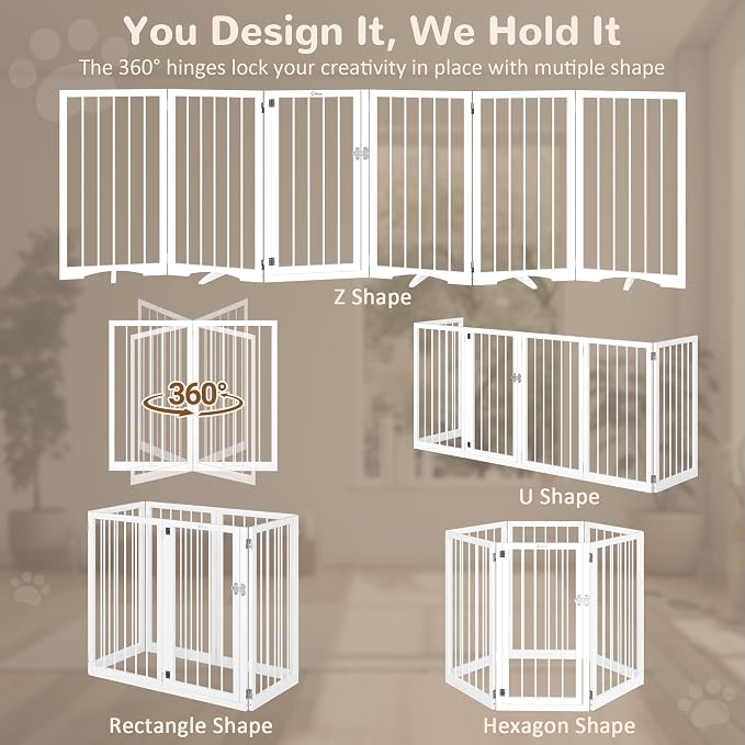 32" Extra Tall Free Standing Dog Gate Indoor, Foldable Pet Gate | for Doorways Stairs, 6-Panel Dog Gate with Door No Drilling, Folding Puppy Gate with Support Feet for Stability, 106"x32"