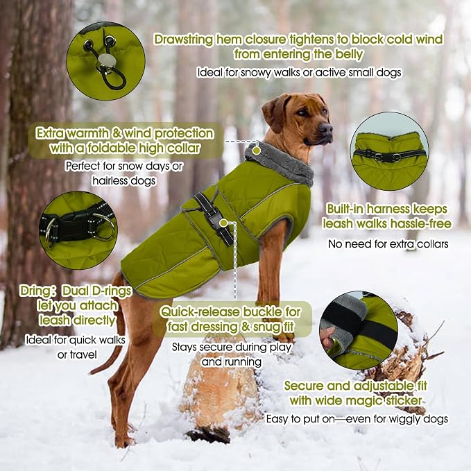 QBLEEV Warm Dog Jacket - Reflective, Adjustable Winter Coat with Turtleneck for Cold Weather, Waterproof Fleece Snowsuit for Small, Medium, Large Dogs