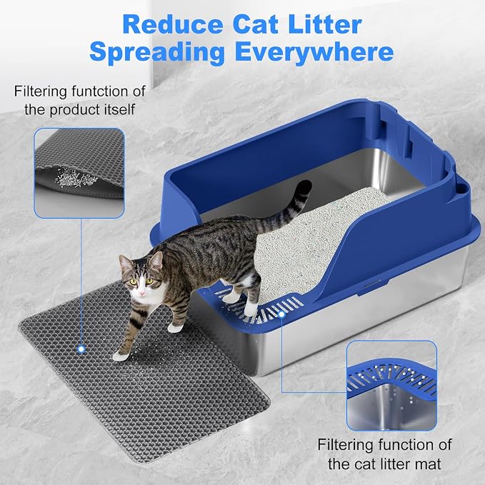 Non-Stick Stainless Steel Litter Box, XL Side Open Splash-Proof (Blue) | Leak-Proof Seamless Seal, Ellenpent Large Capacity, Cat Litter Box with Lid for Multi-Cats, Easy-Clean & Durable