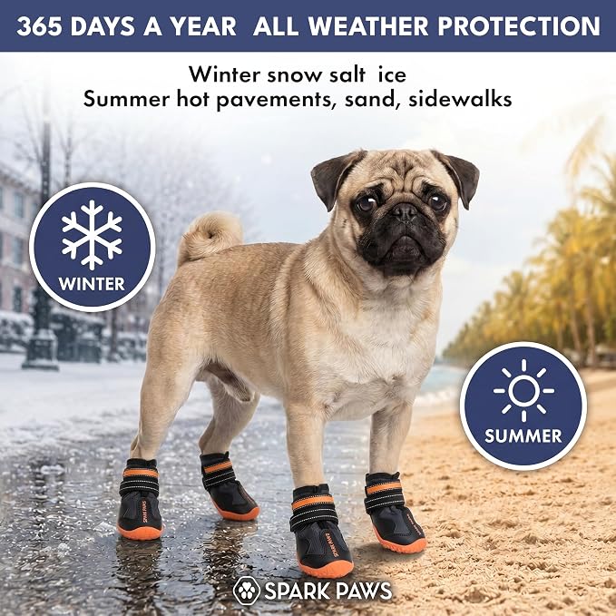 Spark Paws 365 Dog Shoes - All-Season Boots for Winter Snow & Hot Pavement | Water-resistant, anti-slip, stay-on straps - rain, ice & summer booties in one. Reflective; small, medium & large dogs