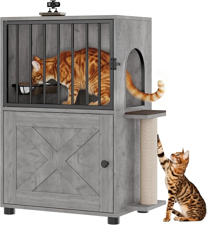 Dog Proof Cat Feeding Station, Dog Proof Cat Feeder, Cat Food Table | Cat Feeding Station with Scratching Post, Elevated Cat Food Bowls with Stand, Pet Food Storage Cabinet, Cat House, Gray