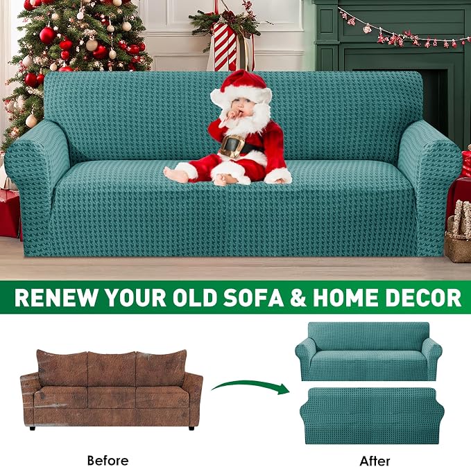 MAXIJIN Stretch Loveseat Couch Cover for 2 Cushion Couch (55"-69" Washable Sofa Slipcovers with Non-Slip Foam & Elastic Strap, Dog Cat Pet Friendly Furniture Protector (Medium, Peacock Blue)