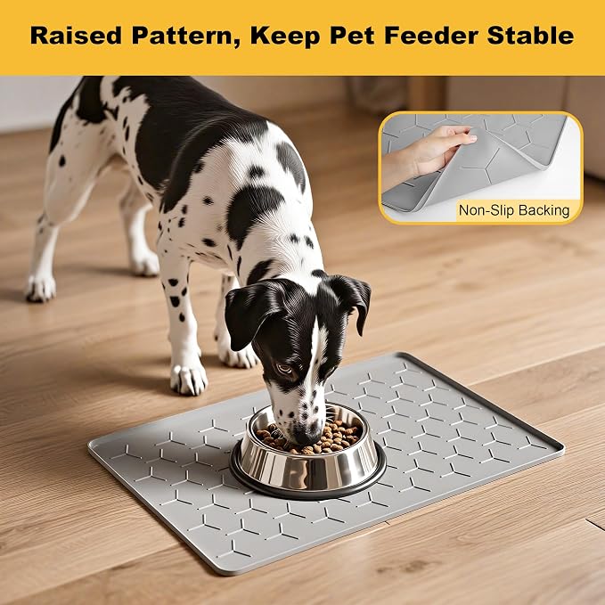 Pieviev Silicone Dog Cat Food Bowl Mat, Waterproof Raised Edge, 24'' x 16'' | Food-Grade Bpa-Free Pet Food Mat, Waterproof & Non-Slip, Raised Edges Contains Spills & Drips, Fits Pet Bowls and Fountains