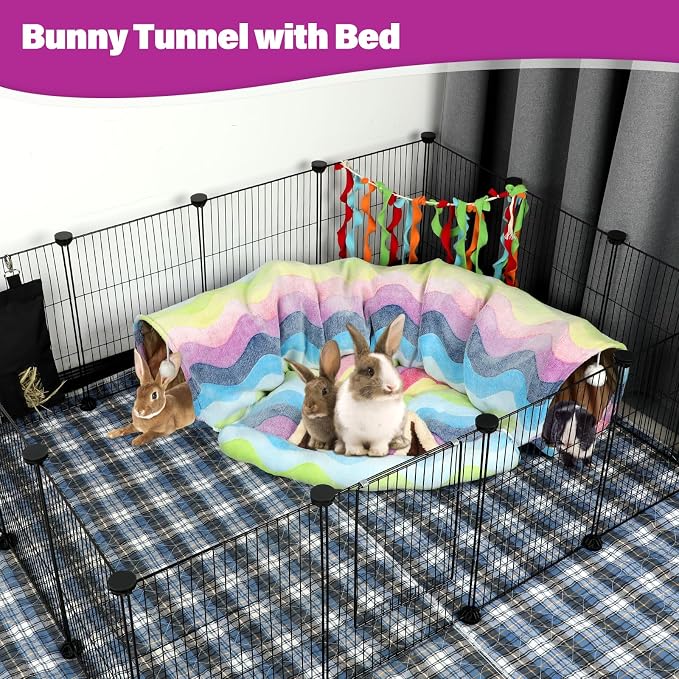 BWOGUE Bunny Tunnel Bed, 2-in-1 Collapsible Rabbit Tunnel Hideout with Mat | Removable Mat for Washing, Ball Toy for Play, Tunnel Tubes for Hiding, Soft Suede Fabric, Cats Rabbits Guinea Pigs