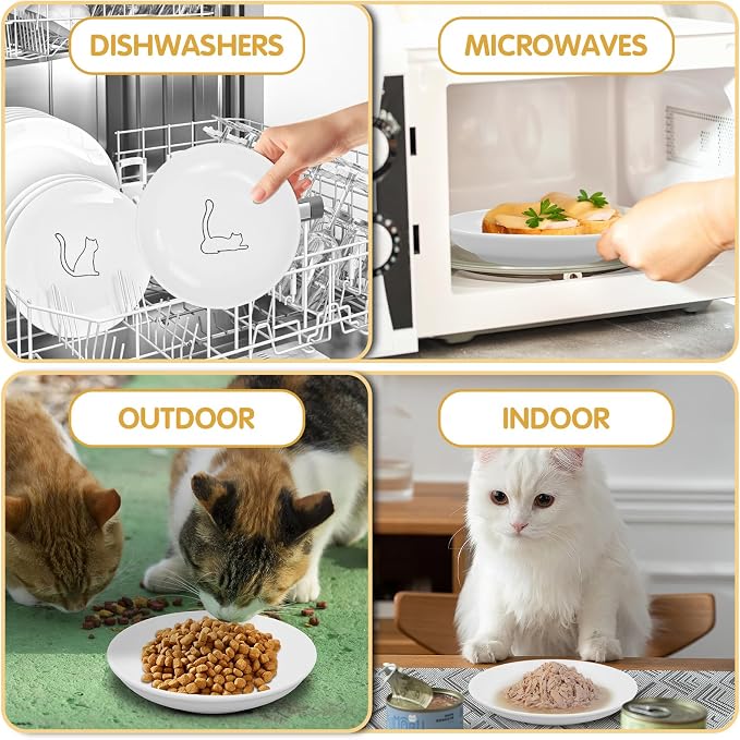 6 Pack Cat Food Bowl, Ceramic Cat Bowls, Anti Whisker Fatigue Cats Bowl Set | 5.5 Inches Shallow Wide Kitten Plates for Food and Water (White-C)