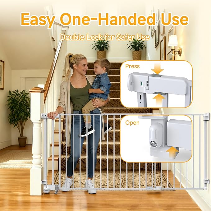 23.8"-60.6" Extra Wide Baby Gate for Stairs, Metal Pet Dog Gate for Doorways Indoor, 2 Installation Positions, Hardware Mount, 29.1”H Walk Through Safety Child Gate for Kids Toddler, White