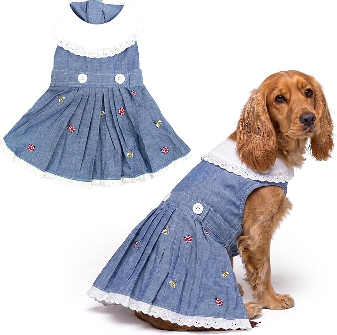 Parisian Pet Dog Overall Dress - Spring Summer Clothes for Large Dogs Girl - Floral Denim Pet Dress - Stylish Dog Outfit - Lightweight and Breathable Puppy Clothes - Sleeveless Dresses for Dogs