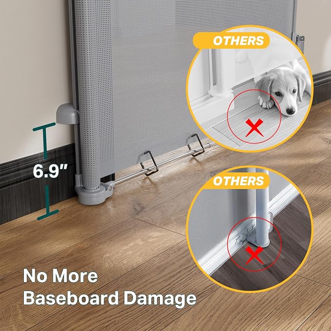 Cumbor 27-40" Retractable Baby Gates for Stairs & Doorways, Indoor Outdoor | Hardware Mounted Mesh Dog & Pet Gate, Easy Walk Through, One-Hand Operation, Anti-Crawl Adjustable Safety Gate for Dog, Grey