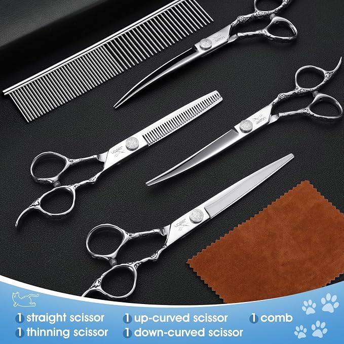 JASON Dog Grooming Scissors Set - Professional 6 in 1 Shears Kit Silver | 6.5" Thinning, 7" Straight, 7" Up-Curved, 7" Down-curved Shears and Comb for Dog Cat Pet, Gift