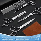 JASON Dog Grooming Scissors Set - Professional 6 in 1 Shears Kit Silver | 6.5" Thinning, 7" Straight, 7" Up-Curved, 7" Down-curved Shears and Comb for Dog Cat Pet, Gift