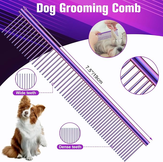 Wenshall Professional Dog Grooming Scissors Set, 7.0 Inch Titanium Straight & Thinning & Curved scissors and Comb for Dog grooming (Purple)