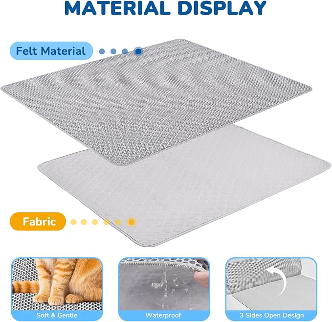 Cat Litter Mat 47" x 35" XL, Washable Urine-Proof Non-Slip Gray | Machine Washable, Upgraded Felt & Fabric Material Litter Mat for Fewer Creases, Hold 3-4 Litter Boxes, Soft on Paws