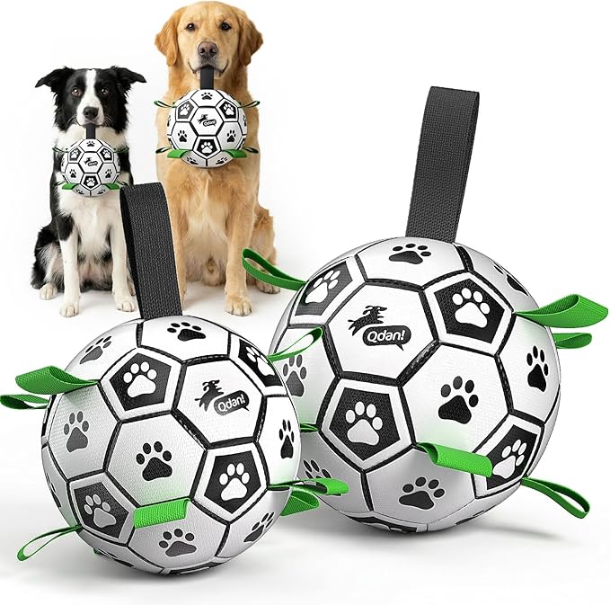 QDAN 2 PCS Dog Toys Soccer Ball Set with Straps, Interactive Dog Toys for Tug of War, Puppy Birthday Gifts, Dog Water Toy, Durable Dog Balls for Medium & Large Dogs（6 & 8 Inch）
