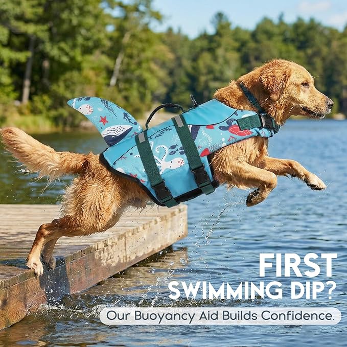 ASENKU Dog Life Jacket - Pet Safety Vest for Swimming & Boating, Shark Life Jacket with Floatation, Dog Lifesavers Swimsuits for Small Medium Large Dogs (Ocean, L)