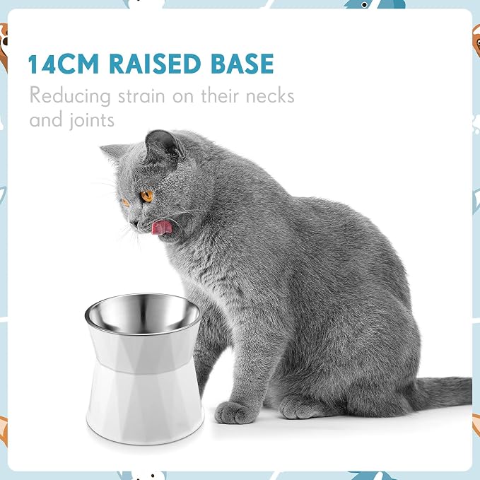 Lallisa 2 Pcs Elevated Cat Bowls Adjustable Raised Cat Feeder Non Slip Food Water with Stand Safe Stainless Steel Bowls with Pet Food Stand for Pets Feeding Eating(White)