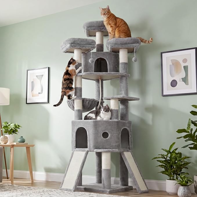 Cat Tree, 81.1" Tall Heavy Duty Cat Tower for Large Cats VCT032W | Cat Furniture with 3 Wide Platforms, Diamond-Shaped Condo 2 Sisal Scratchers, Hammock & Stable Base, Light Gray