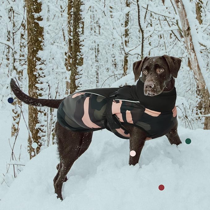 IECOii Extra Warm Dog Coat - Reflective Adjustable Jacket With Buckle Fleece Turtleneck for Cold Weather - Soft Winter Coat for Small Medium Extra Large Dogs - Green Camo