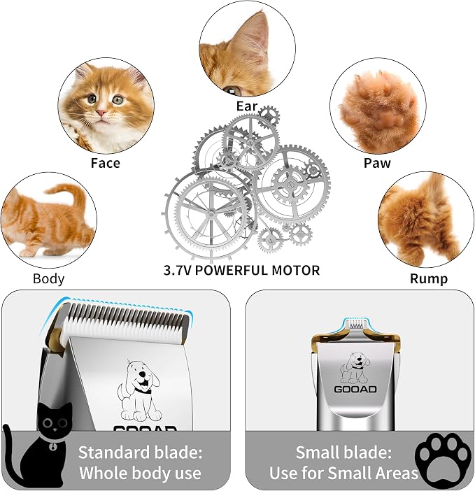 Professional Quiet Cat Clippers & Dog Grooming Kit | 250Min Cordless Pet Shaver,Low Noise Pet Hair Trimmer for Grooming,2in1 Wide & Narrow Blades,4 Combs,Scissors & Glove(Silver)